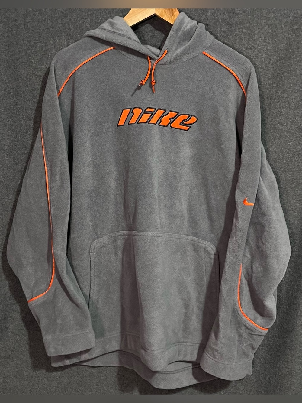 Vintage Nike Y2K Gray Fleece Hoodie with Orange Accents Men’s Large